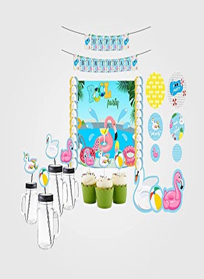 ثيم ماي بارتي مجموعة ثيم ماي بارتي الكاملة - سبلاش سبلاش - مجموعة تزيين حفلات المسبح مع خلفية وزينة (7 أقدام × 5 أقدام) - Image 1